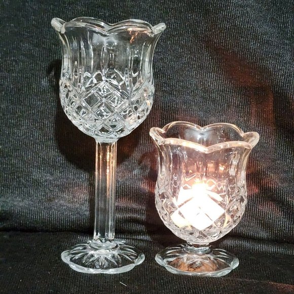 2) Homco Glass Pedestal Scalloped Candle Holders stemmed Home Interiors set - Picture 1 of 12